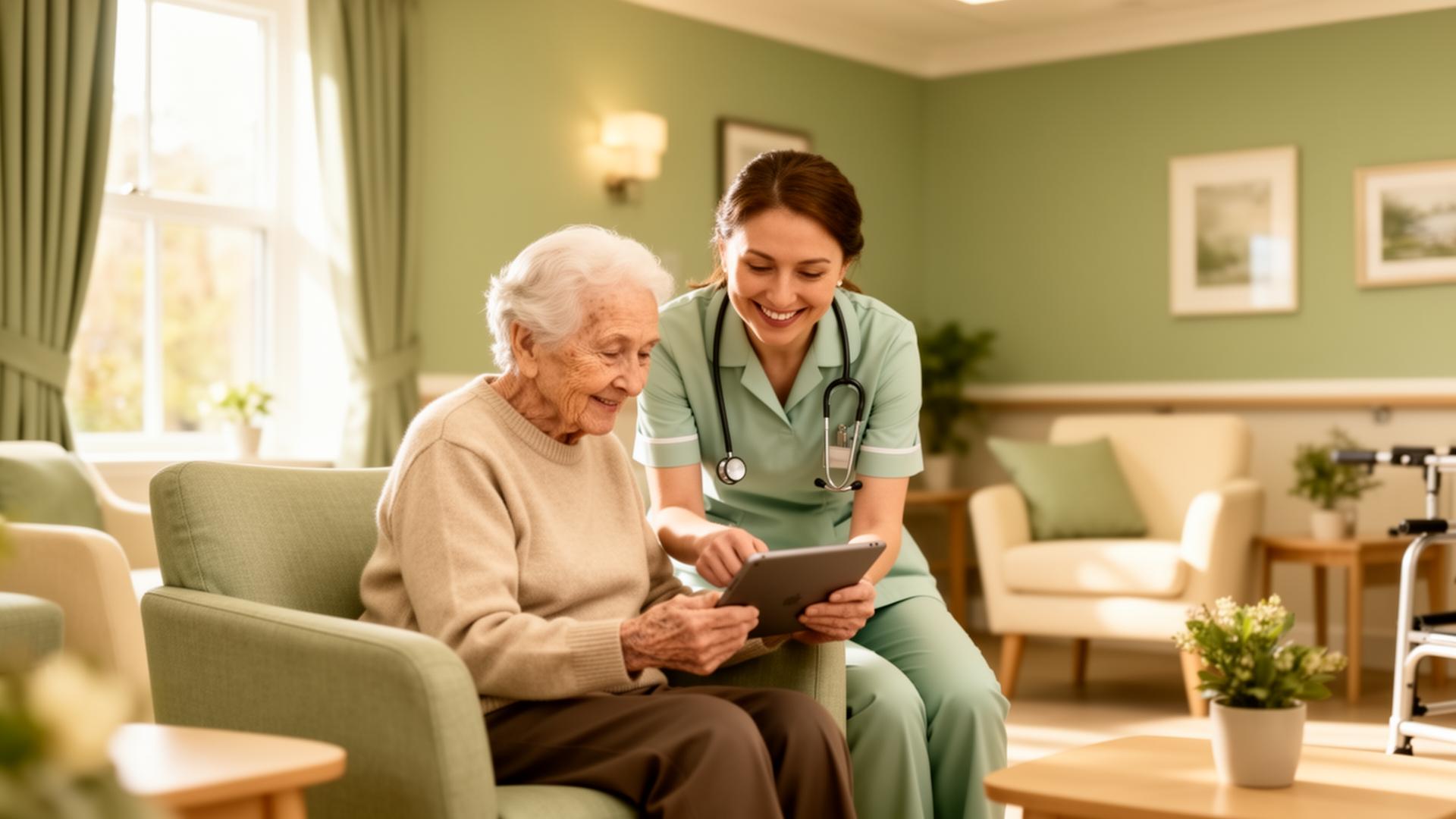 A nurse and resident smiling together with a tablet in a bright UK care home lounge